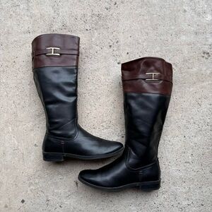 Tommy Hilfiger women's riding boots with a black and brown color-block design